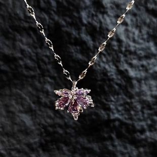Vintage古着Purple MapleLeaf紫熠枫叶吊坠项链ins小众秋季锁骨链