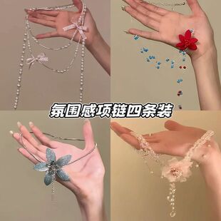 「少女心结」甜美波点蝴蝶结珍珠项链温柔气质叠戴时尚 春夏锁骨链