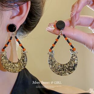 复古新中式黑金色耳环小众独特漂亮精致耳坠时尚气质大气旗袍耳饰