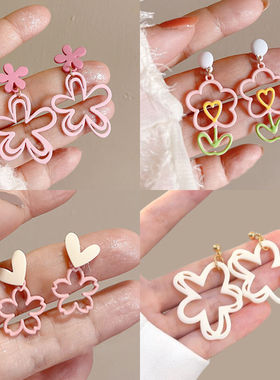 粉系大花2024新款夏镂空花朵法式浪漫耳饰出游拍照女耳夹