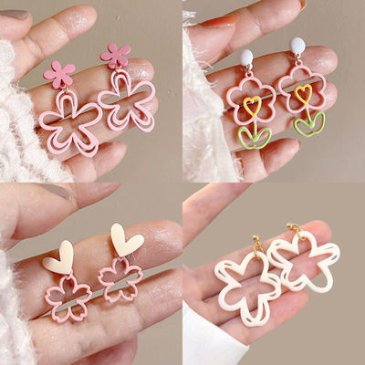 粉系大花2024新款夏镂空花朵法式浪漫耳饰出游拍照女耳夹