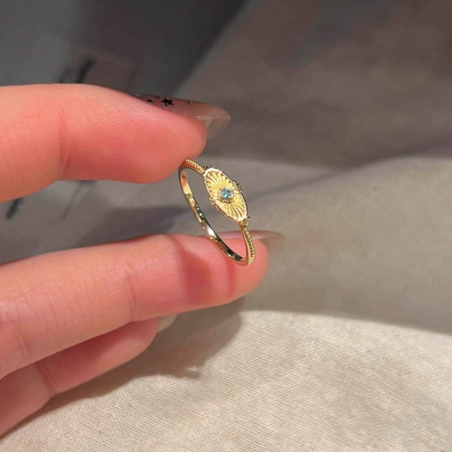 复古小金色戒椭圆戒指新款小众设计感食指戒高级感指环蓝色显白