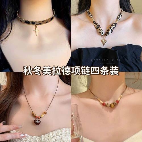 甜酷辣妹十字架豹纹皮项圈choker项链y2k小众亚文化颈圈哥特颈链