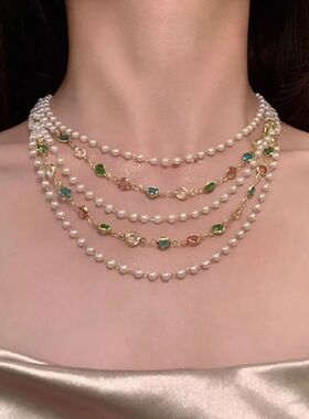 星光彩虹多巴胺气质彩色串珠珍珠多层项链法式新款复古时尚锁骨链