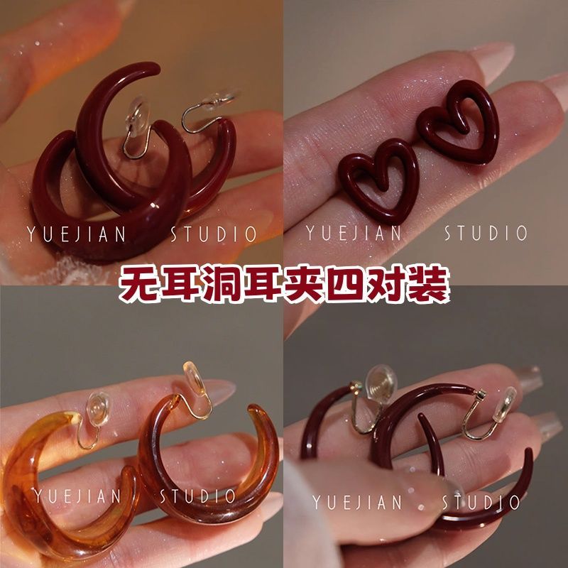 浪漫不止~复古港风安可拉红耳圈秋冬素圈耳环女蚊香盘耳夹