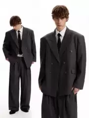 PUEA American Retro Double-Breasted Casual Suit Set Cleanfit Tailored Blazer for Commute