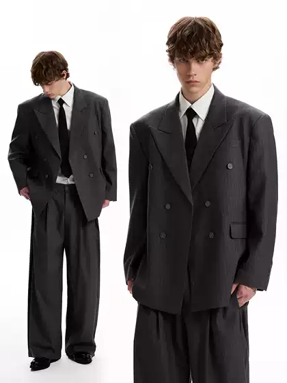PUEA American Retro Double-Breasted Casual Suit Set Cleanfit Tailored Blazer for Commute
