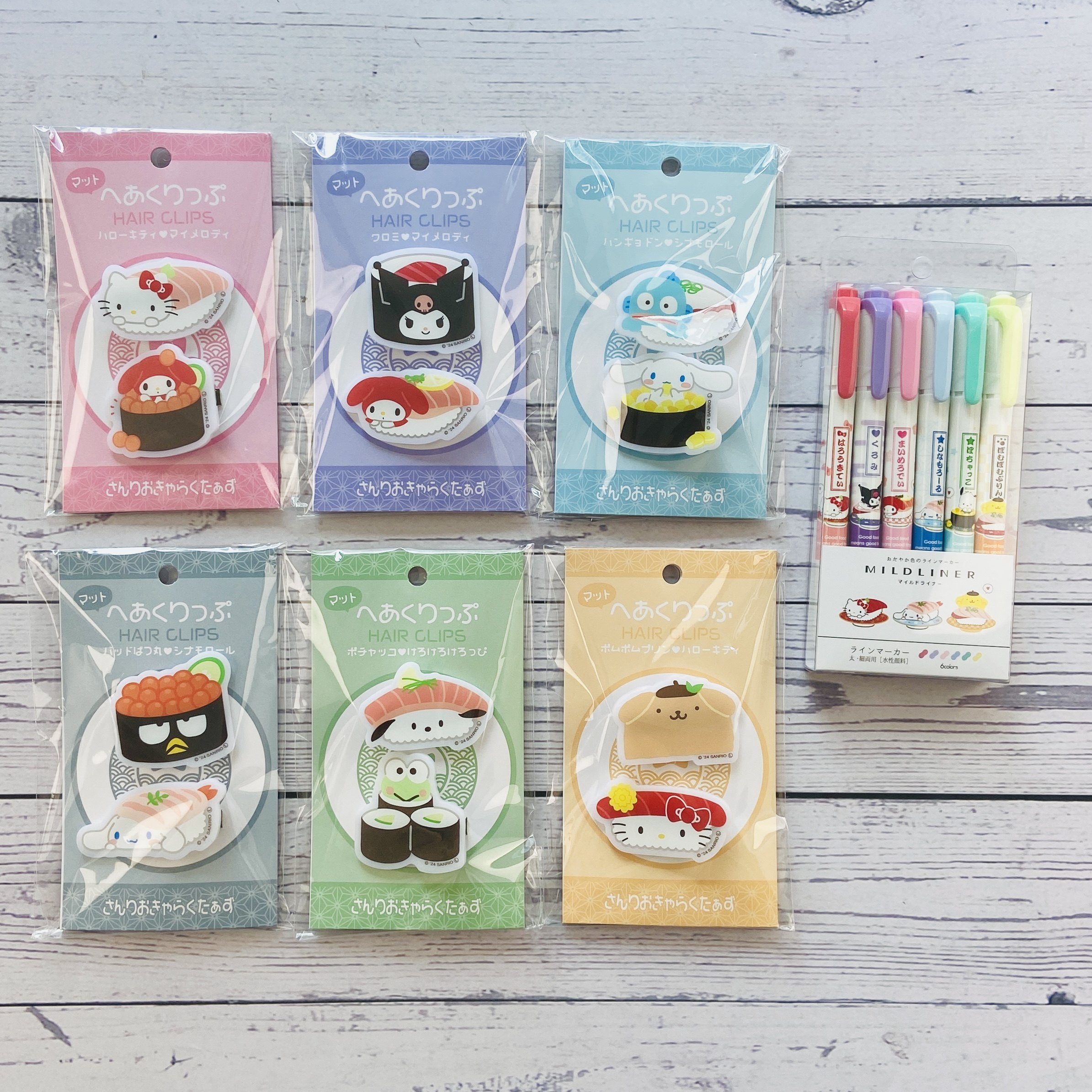 日本三丽鸥寿司系列荧光笔套装库洛米美乐蒂酷企鹅大耳狗发夹组合