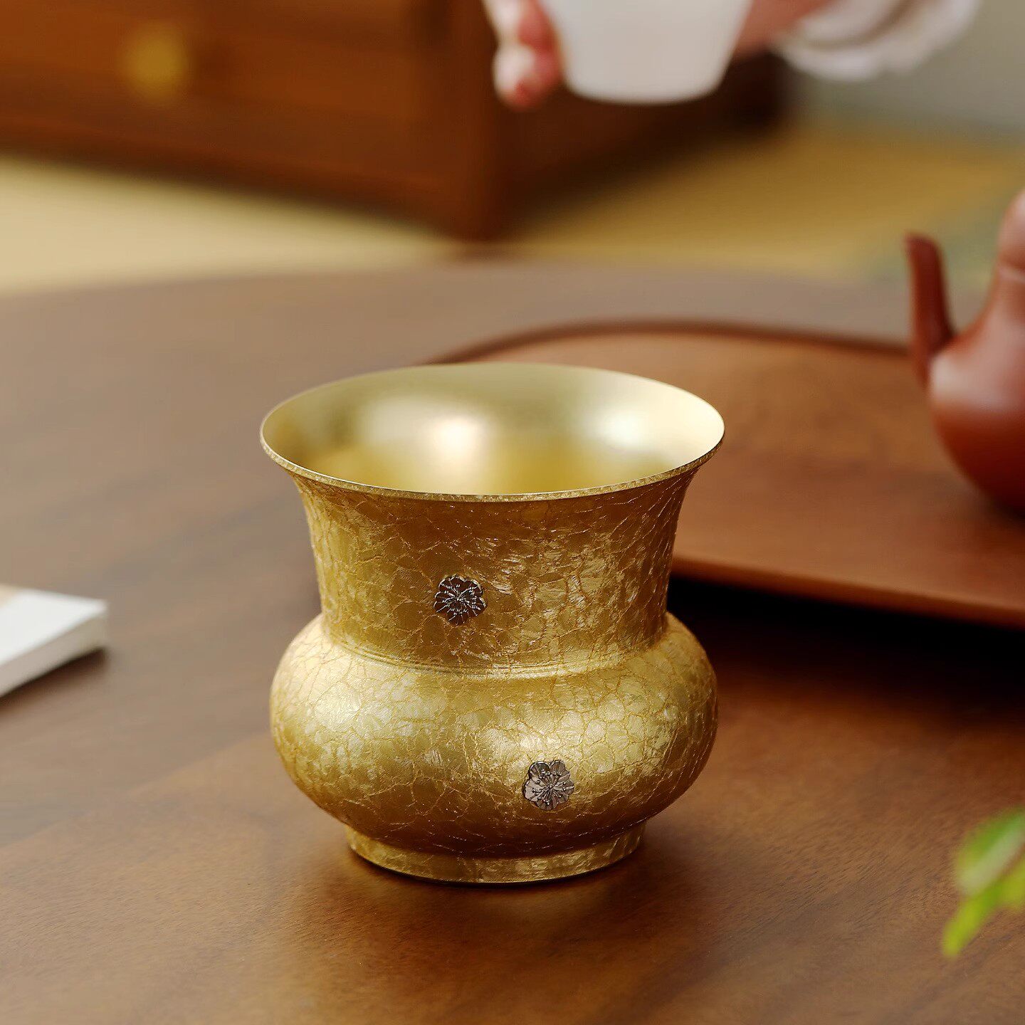 2025新款冰花纹黄铜茶渣缸家用建水茶孟存储废水缸功夫茶道配件
