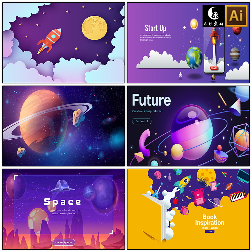 矢量AI手绘创意卡通宇航员火箭太空宇宙行星星球背景海报设计素材