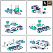 可再生智能电网家庭太阳能新能源汽车充电桩矢量图片设计素材