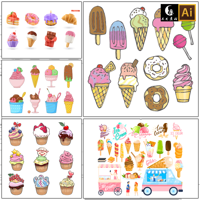 可爱卡通生日奶油蛋糕甜品甜点冰激凌美食AI矢量图片设计素材