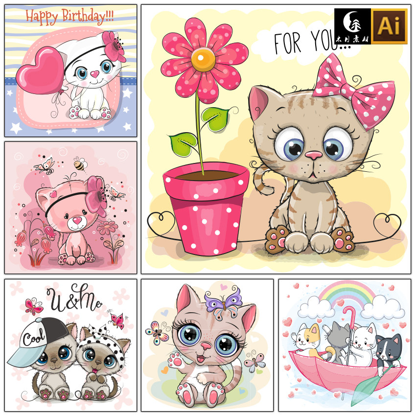 卡通可爱小猫咪动物插画服装印花装饰画矢量图片设计素材