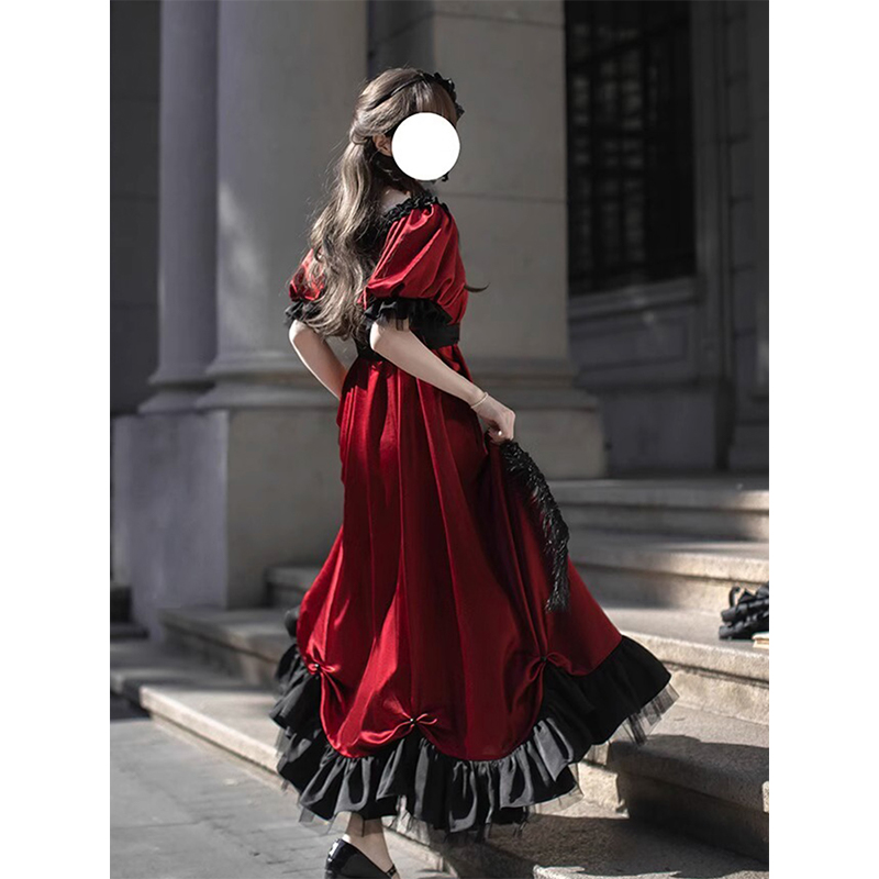 法式宫廷风Lolita红色短袖连衣裙