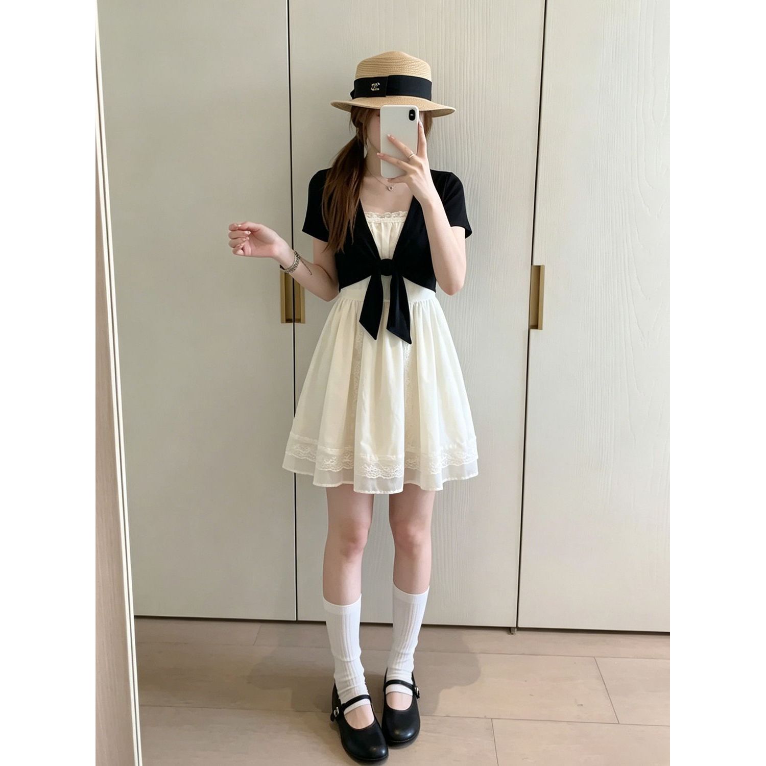 韩系甜美温柔少女系带短袖开衫+收腰显瘦吊带连衣裙夏季两件套装
