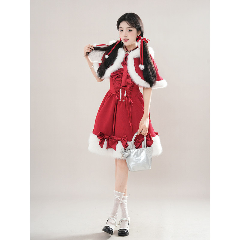 圣诞初雪 冬装新款日系软妹lolita斗篷氛围感战袍公主蓬蓬裙套装