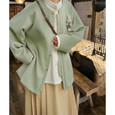 松山煮雨 立领圆领弓袋袖毛呢外套女/松紧马面裙秋冬季国风两件套