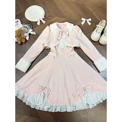 冬日樱屿 冬装甜美氛围感千金外套收腰显瘦长袖lolita连衣裙套装