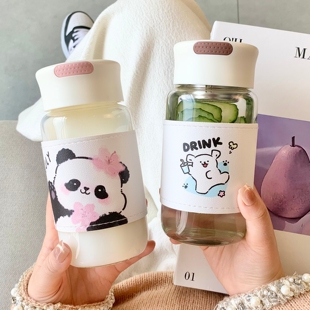 早餐专用泡茶杯耐高温上班族外带便携玻璃牛奶杯带皮革杯套早餐杯