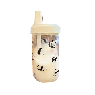 中式熊猫玻璃杯珍珠奶茶大口径带吸管大容量随行少女心便携水杯子