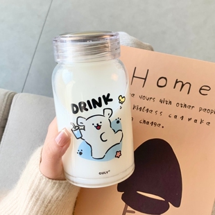 高硼硅玻璃杯咖啡豆浆果汁水牛奶袋盖可爱2026外出携带高颜值饮料