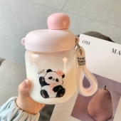 樱花熊猫玻璃吸管杯产妇专用点心杯女生可侧躺喝水糖耐大人水杯子