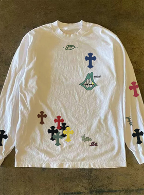 300克重磅！印花甜酷vibe小众圆领长袖t恤学生嘻哈原宿风情侣上衣