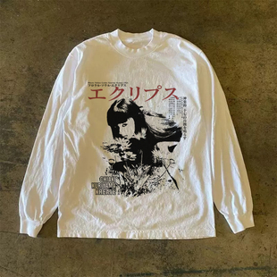 圆领显瘦印花百搭小众长袖 300克重磅 高级感休闲复古T恤上衣新款