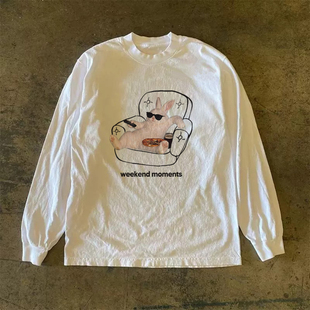 街头原宿风情侣百搭长袖 上衣港风爆款 t恤 印花简约新款 300克重磅