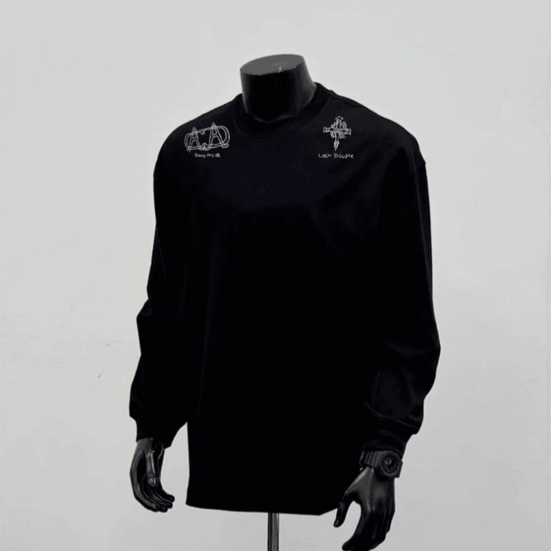 300克重磅！美式复古设计感小图案长袖印花休闲个性圆领T恤打底衫