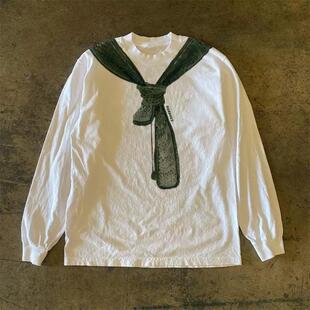 300克重磅！美式复古设计小众抹茶绿围巾印花长袖T恤打底衫ins潮