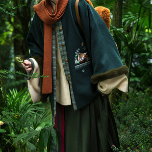 素羊毛呢加绒圆领袄半裙日常秋冬 明制汉元 裳宫语 小熊猫植物家