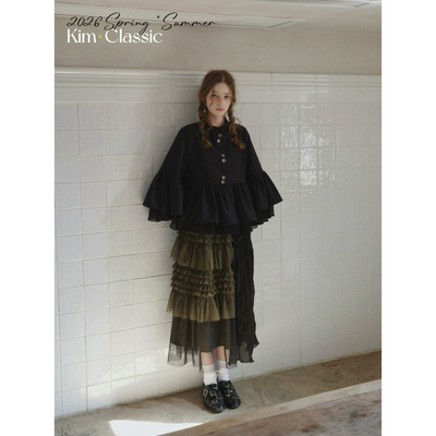 KIM Classic「Mirror」立领荷叶边拼接网纱黑色西装