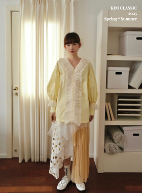 KIM Classic「Yellow Candy」重工褶皱花瓣领鹅黄复古衬衫