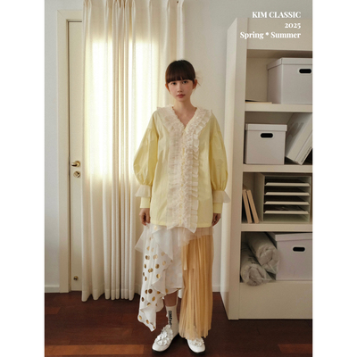 KIM Classic「Yellow Candy」重工褶皱花瓣领鹅黄复古衬衫