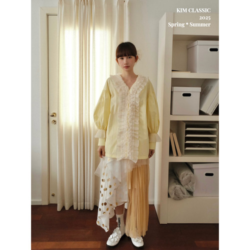 KIM Classic「Yellow Candy」重工褶皱花瓣领鹅黄复古衬衫