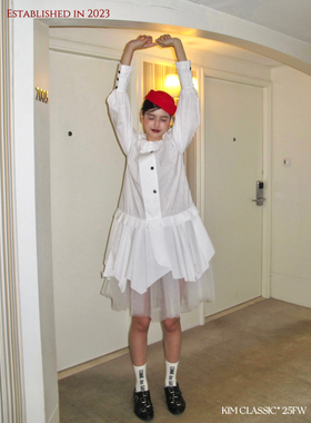 KIM Classic「Cream Puffs」重工风琴领百褶拼纱撞色扣宽松连衣裙