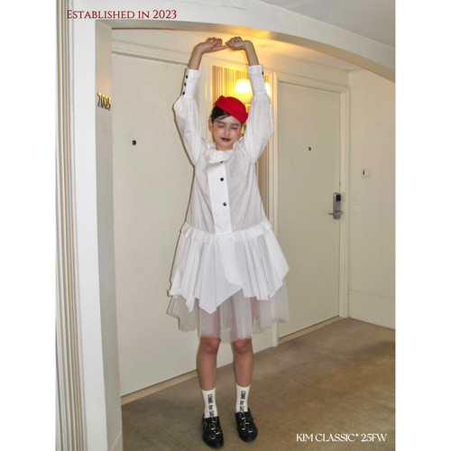 KIM Classic「Cream Puffs」重工风琴领百褶拼纱撞色扣宽松连衣裙