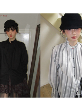 KIM Classic「Mochi Bread」花苞百褶领喇叭袖两色百搭纯棉衬衫