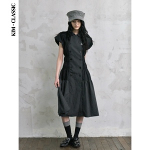 KIM Classic「Alder」 娃娃领复古压褶拼接绿色格纹连衣裙