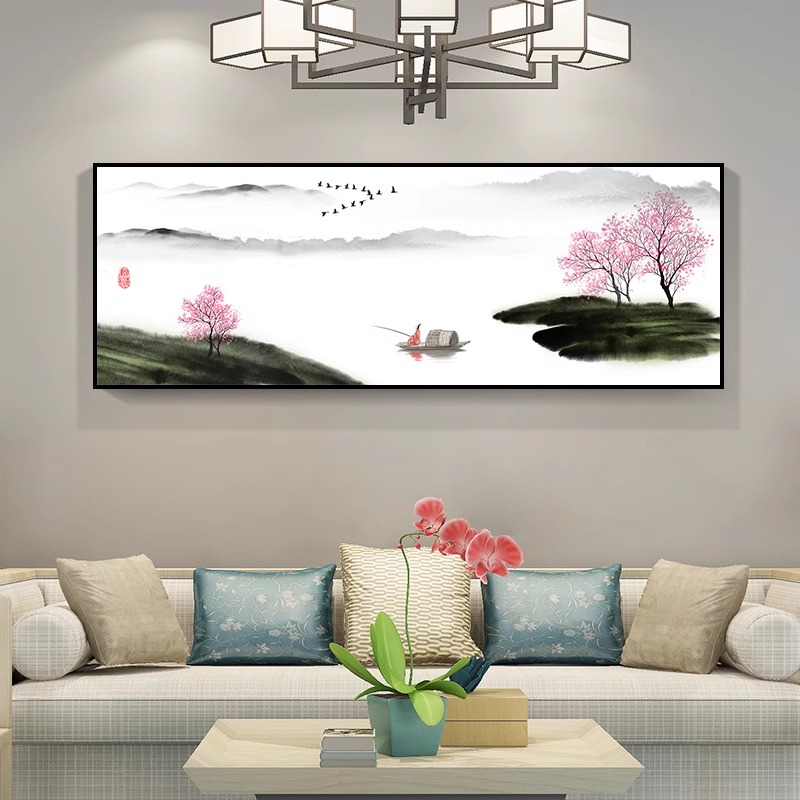 水墨装饰画新中式山水意境横版茶室画客厅挂画酒店客房背景墙壁画