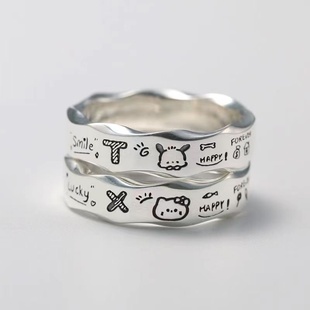 卡通涂鸦戒指波浪边情侣戒指男女猫咪动漫帕恰狗戒指环