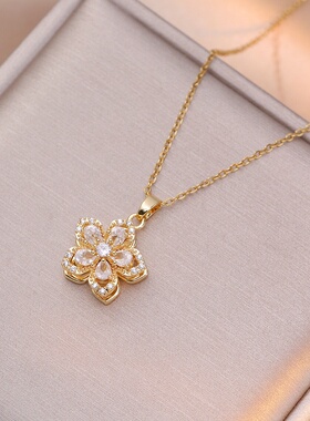 项链女网红旋转紫荆花锆石花朵小众时尚新款设计吊坠气质钛钢项链