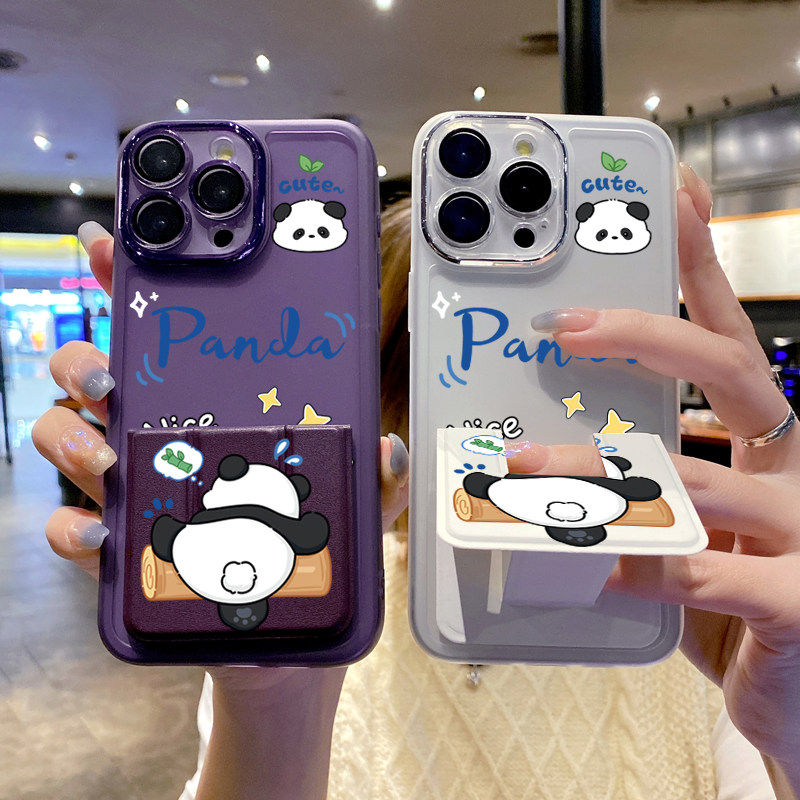 适用于苹果17ProMax手机壳16Pro皮革支架15plus折叠iPhone14Pro自带镜头膜13防摔12调皮熊猫支撑架横竖屏桌面