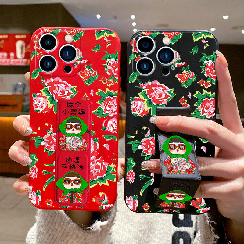 适用苹果16E手机壳16ProMax东北大花布15Pro新年款14Plus磁吸折叠腕带iPhone13桌面支撑架12全包11防摔保护套