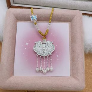 足银999天子门生银锁银饰毛衣链花丝吊坠纯银龙凤平安锁女送礼物