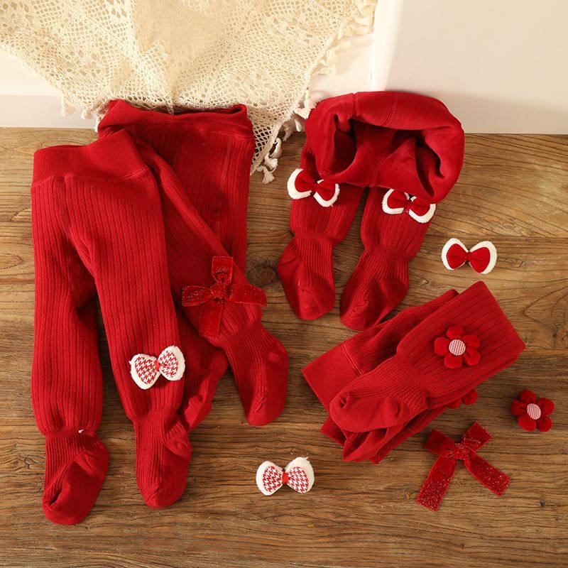 冬季女宝加绒保暖红色打底裤蝴蝶结加厚连裤袜发夹高腰套装公主风