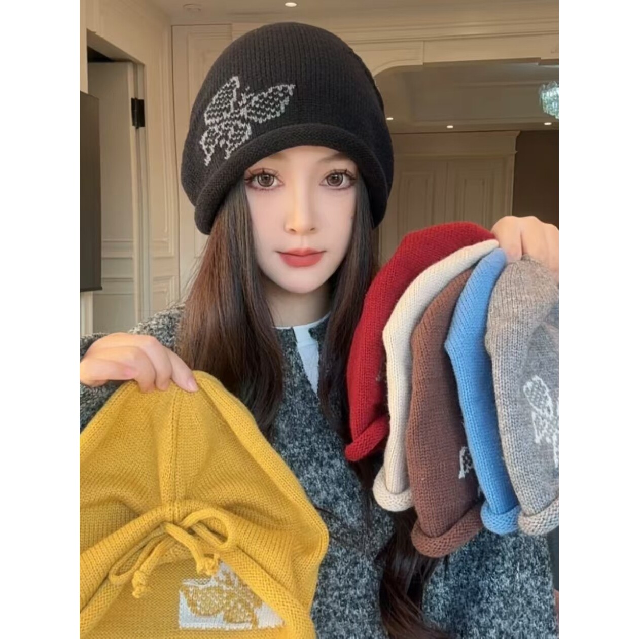 秋冬女士卷边堆堆帽护耳保暖帽子显脸小百搭包头帽子女潮冷帽时尚