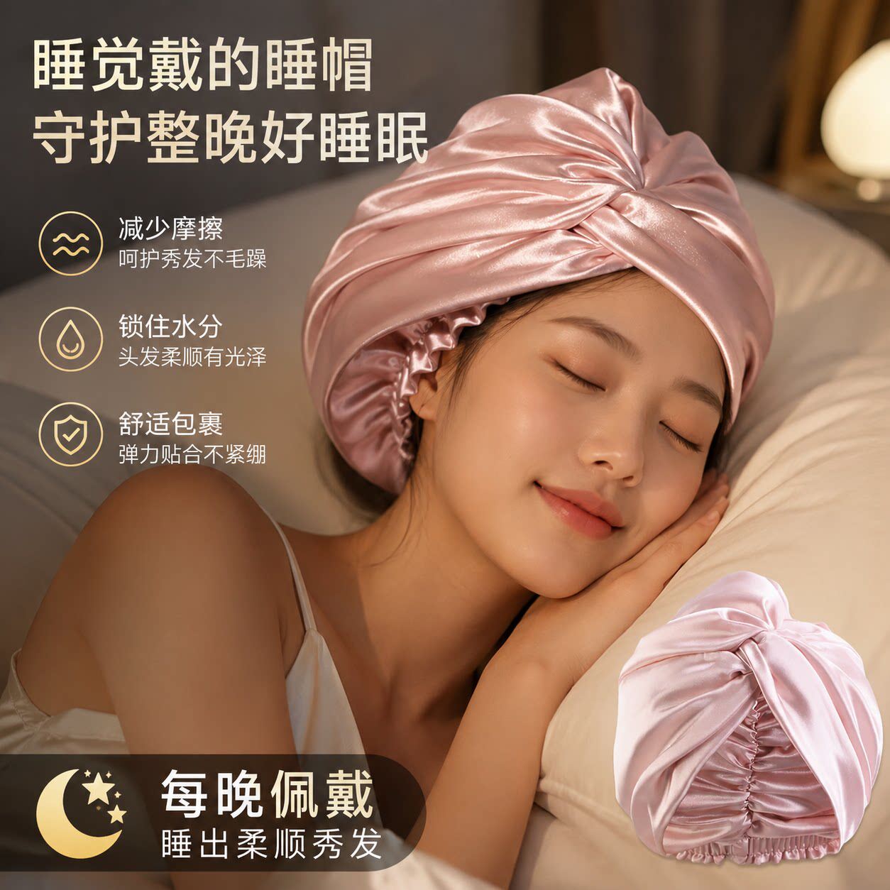 睡帽晚上睡觉戴的粉色仿真丝扭结睡帽顺滑护发松紧款女士居家护发
