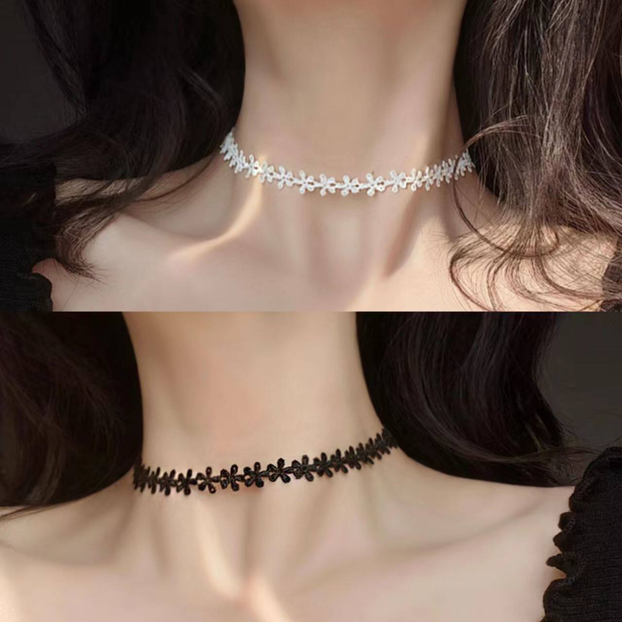 小花朵蕾丝choker颈链女黑色白色简约百搭短款锁骨链项圈chocker